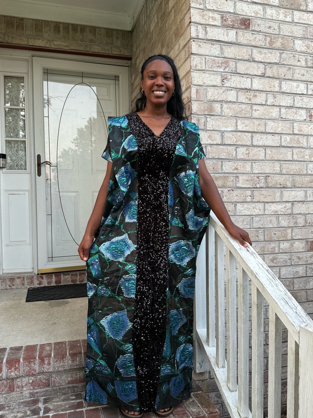 Elegant Black Damask Brocade with Sequins Bubu Maxi Dress